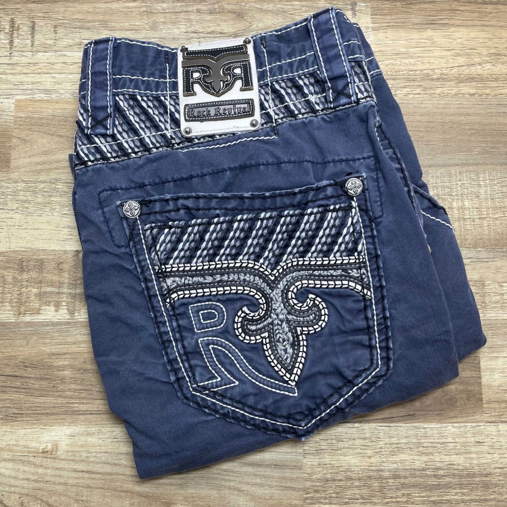 Rock Revival Baggy Cargo Shorts Thick Contrast Stitching Mens 36 Washed Blue 13"